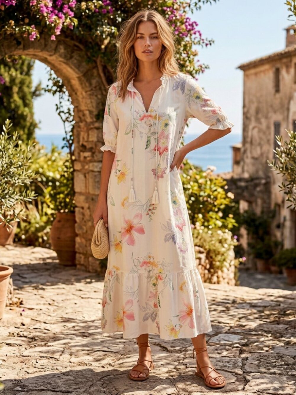 White & Pink Floral Tie-Neck Boho Maxi Dress